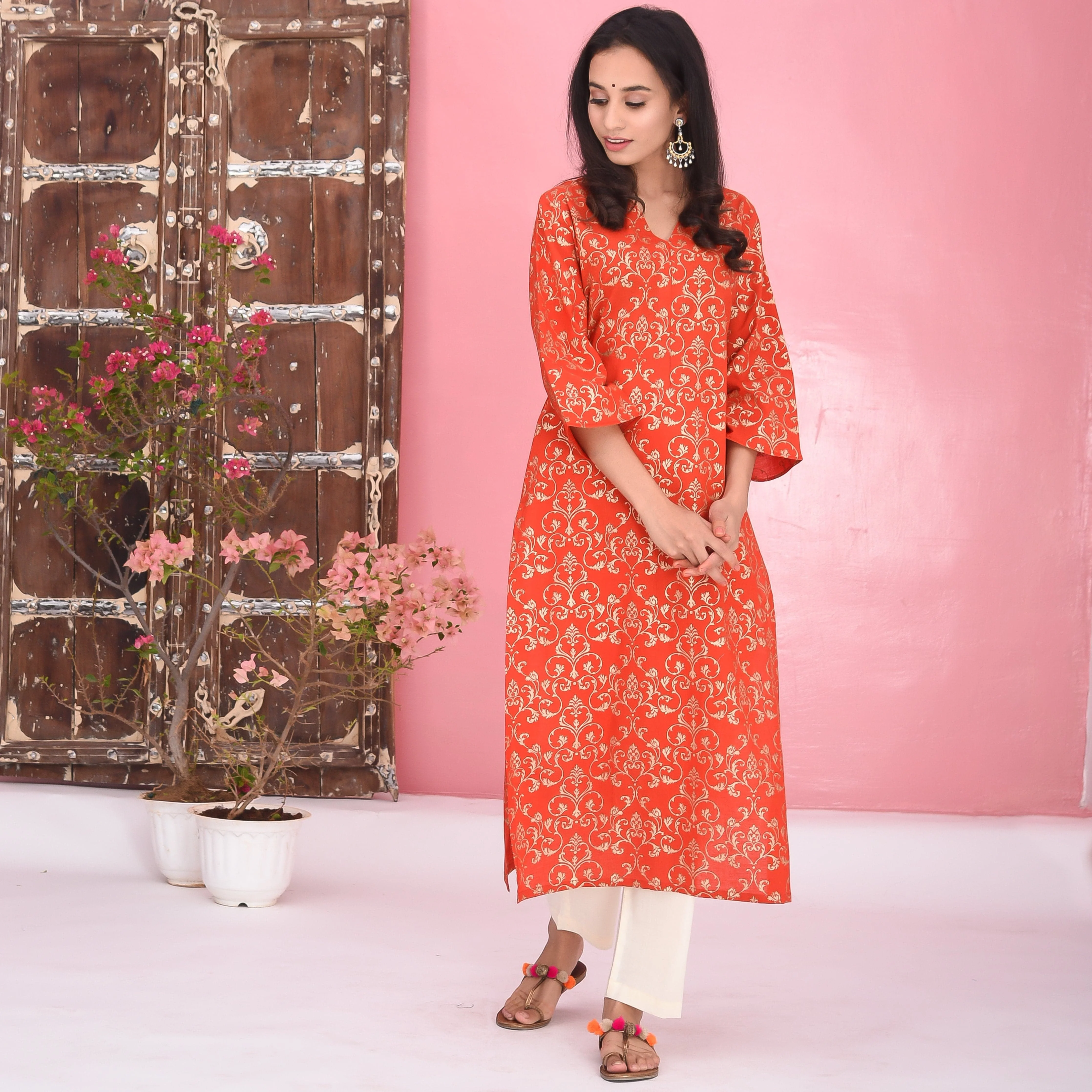 Red Cream Cotton Kurta - Woolfily