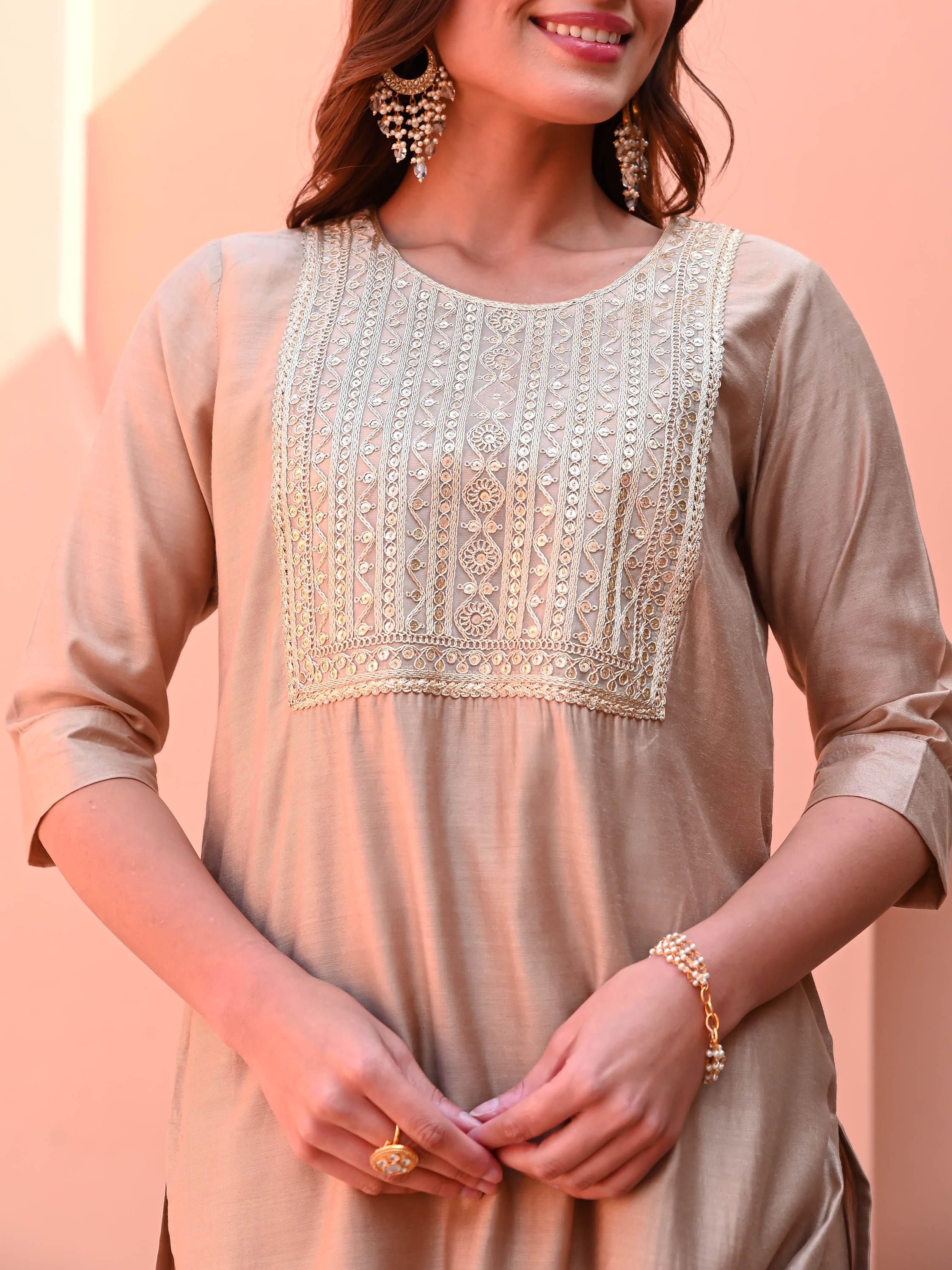 Beige Silk Kurta Set - Woolfily
