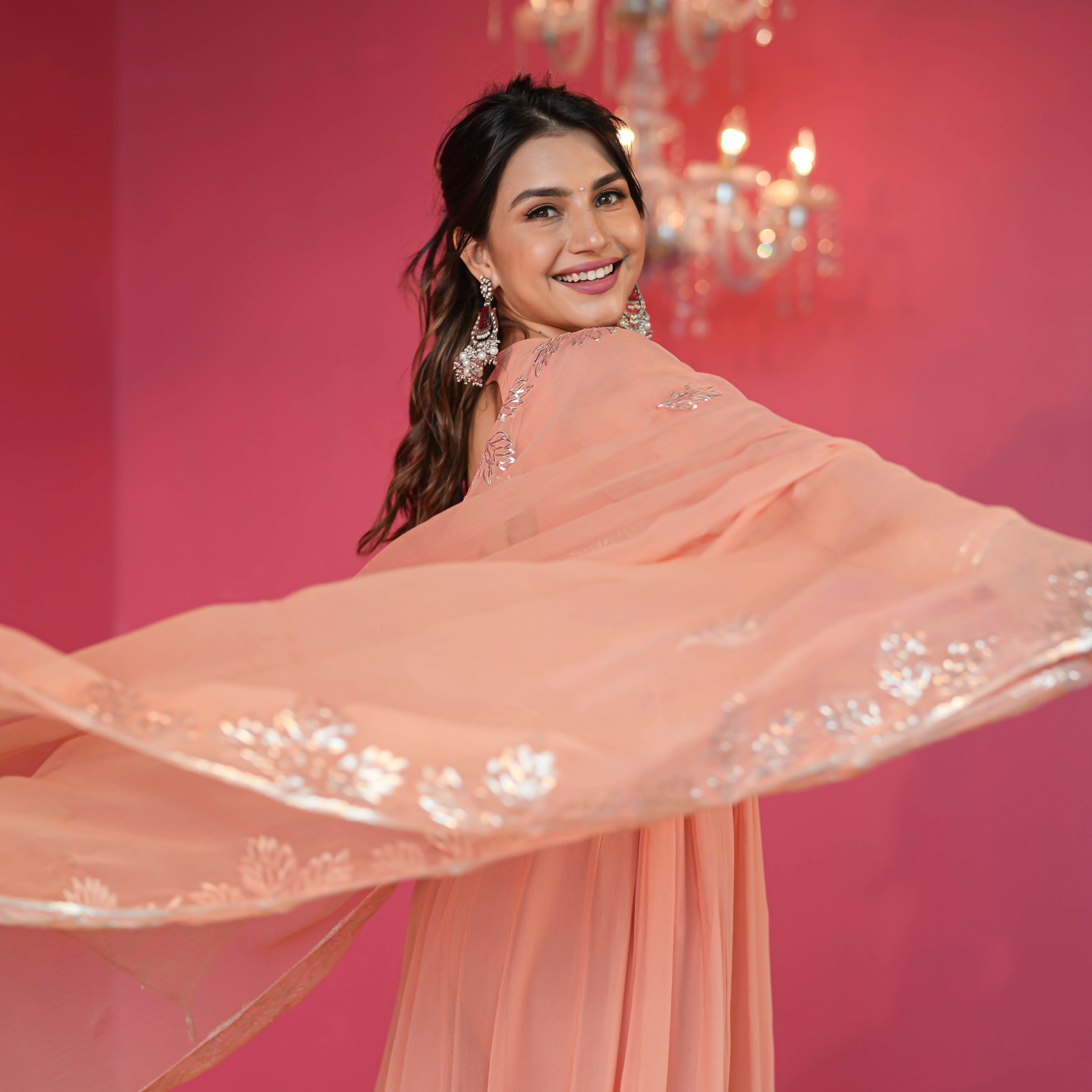 Bunaai Pastel Peach Georgette Suit Set - Woolfily