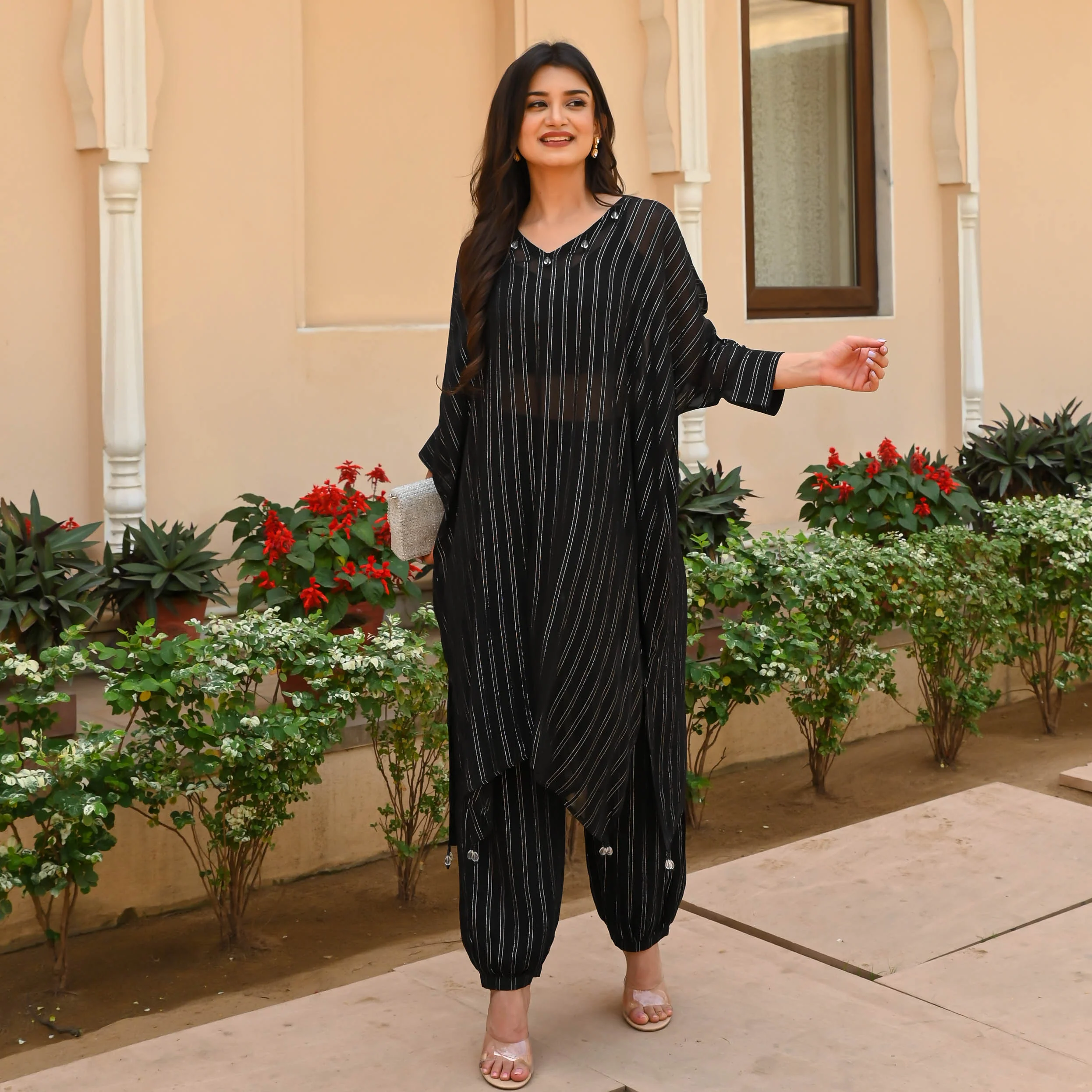 Bunaai Black Silver Lurex Kurta Pants - Woolfily