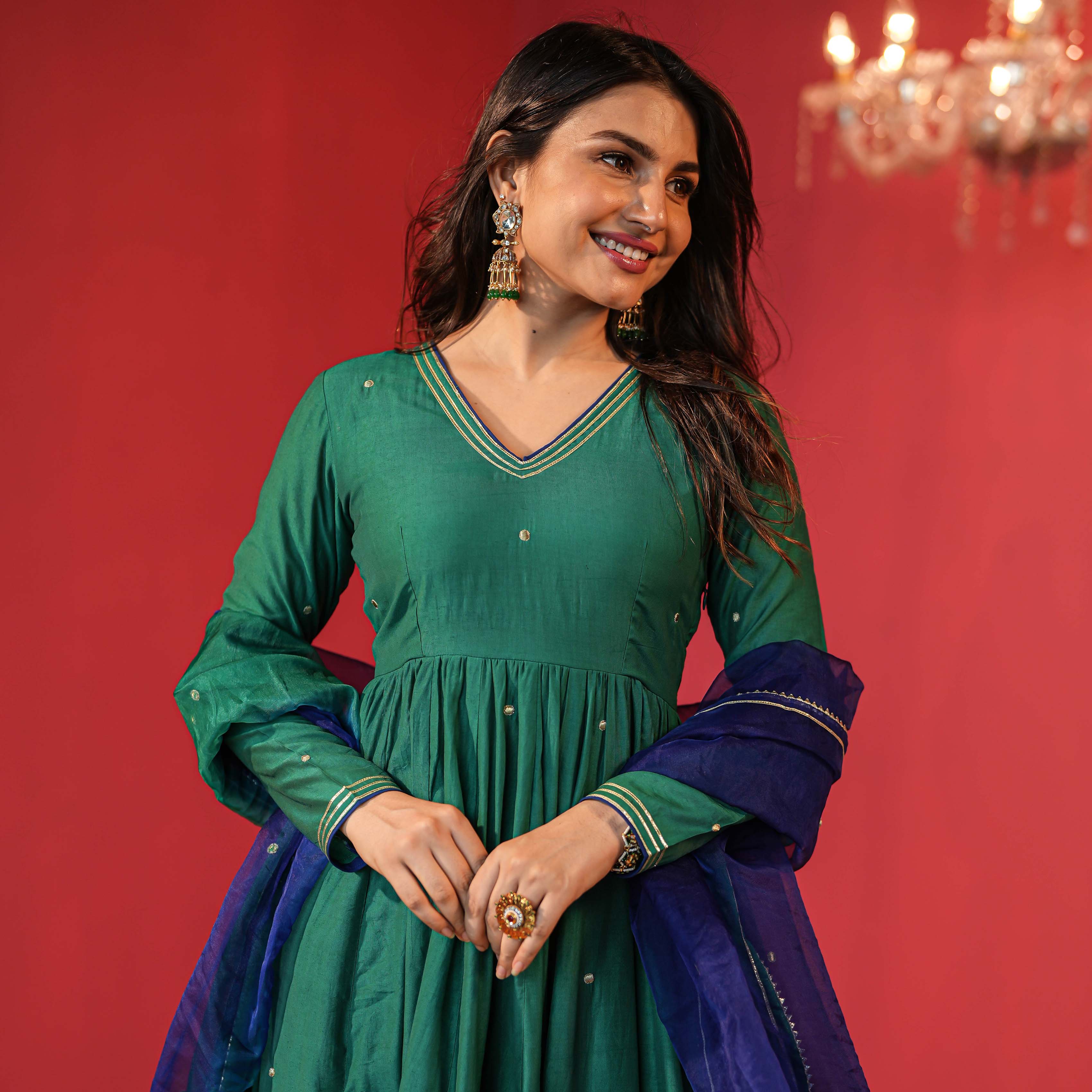 Green Chanderi Suit with Organza Dupatta - Woolfily