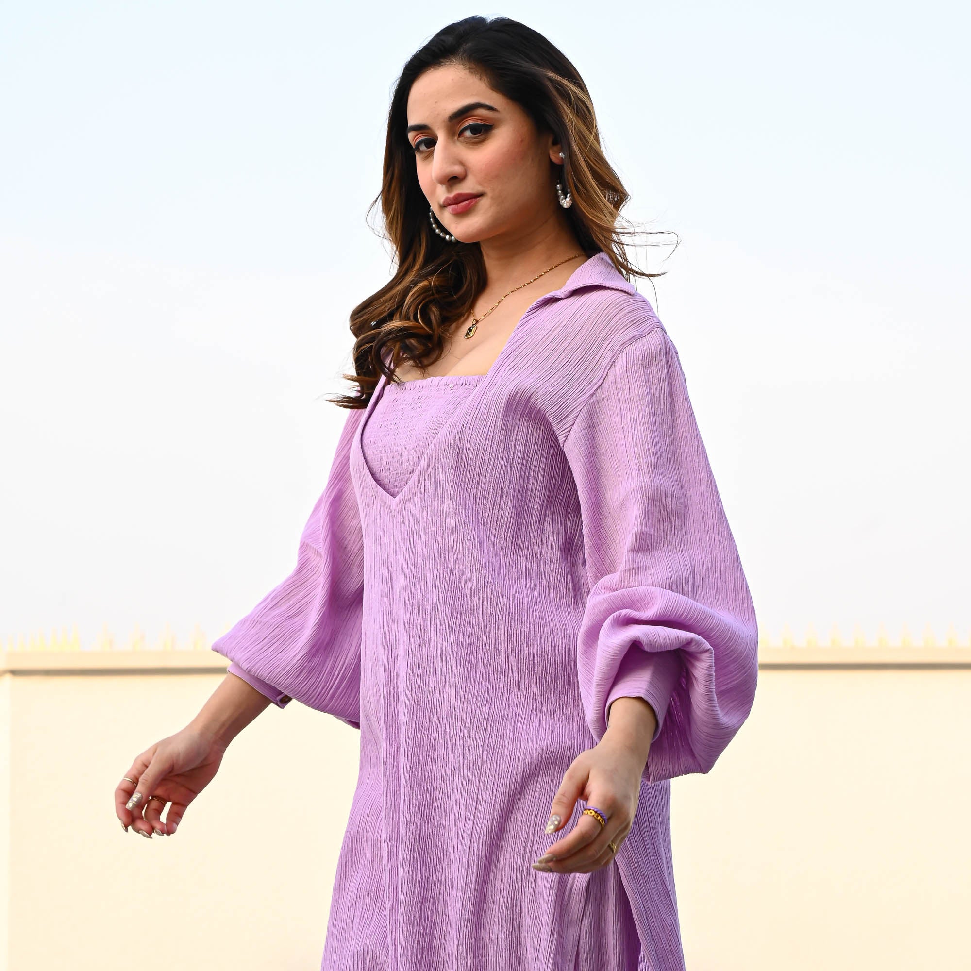 Bunaai Lavender Crushed Cotton Coord Set - Woolfily