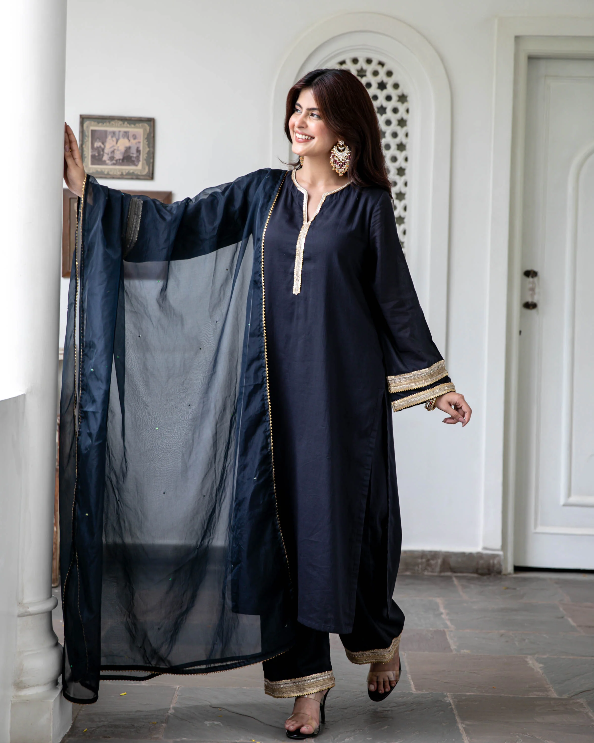 Black Cotton Suit Set with Organza Dupatta - Woolfily