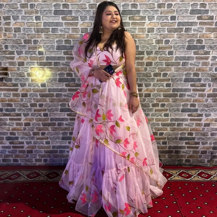 Bunaai Baby Pink Handpainted Lehenga Set - Woolfily