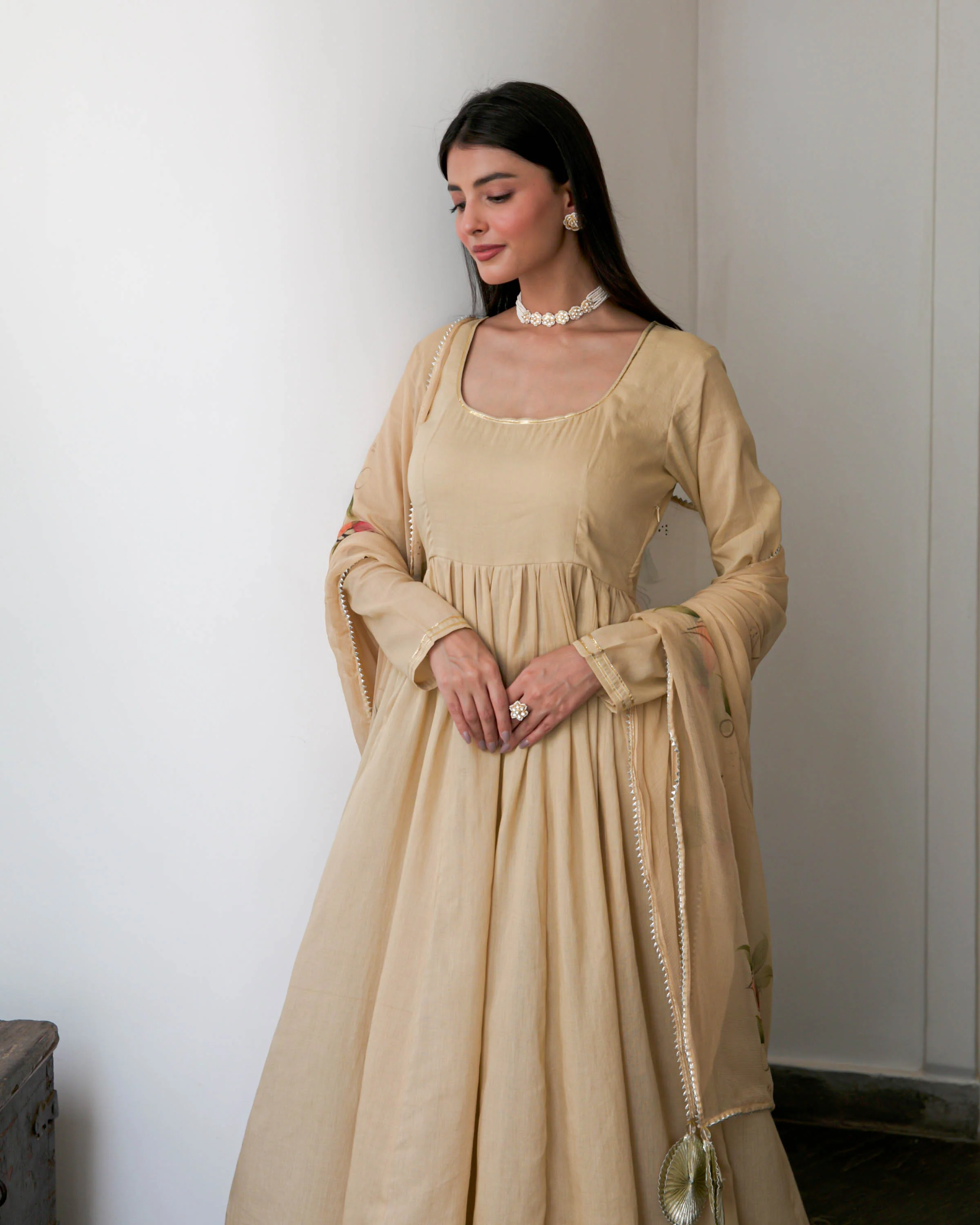 Beige Suit Set with Handpainted Dupatta - Woolfily