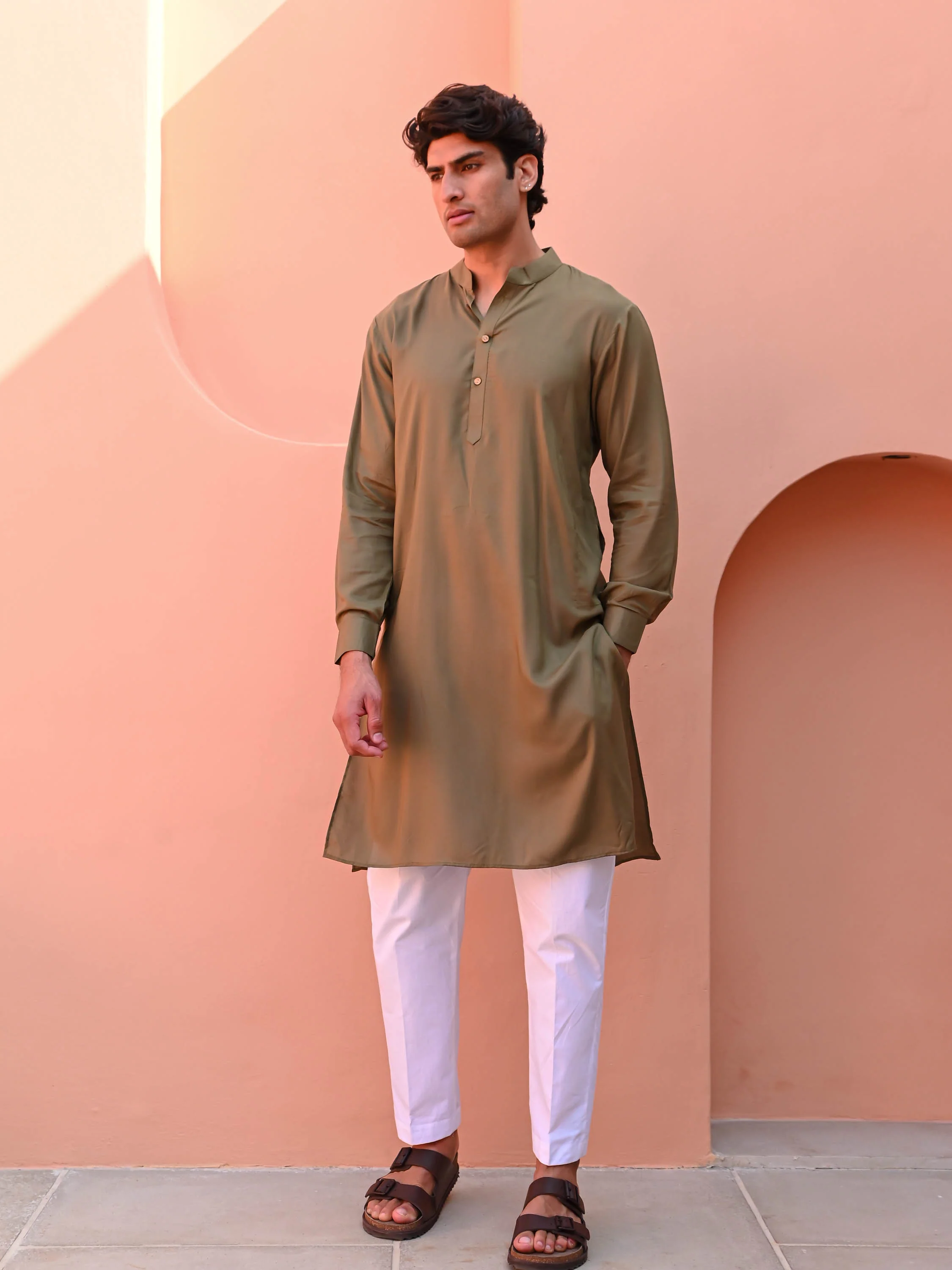 Dark Olive Men Long Kurta - Woolfily