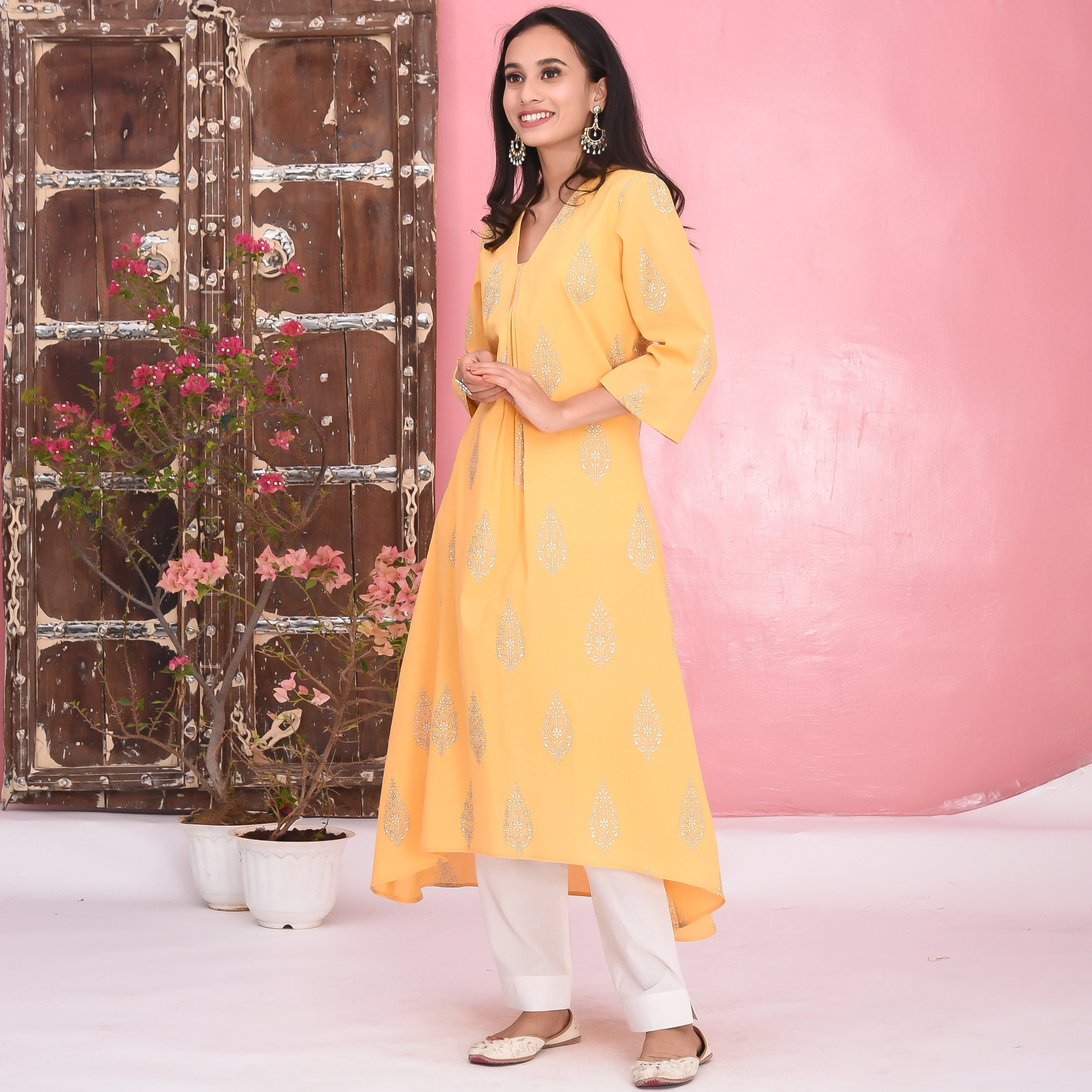 Yellow White Cotton Kurta Set - Woolfily