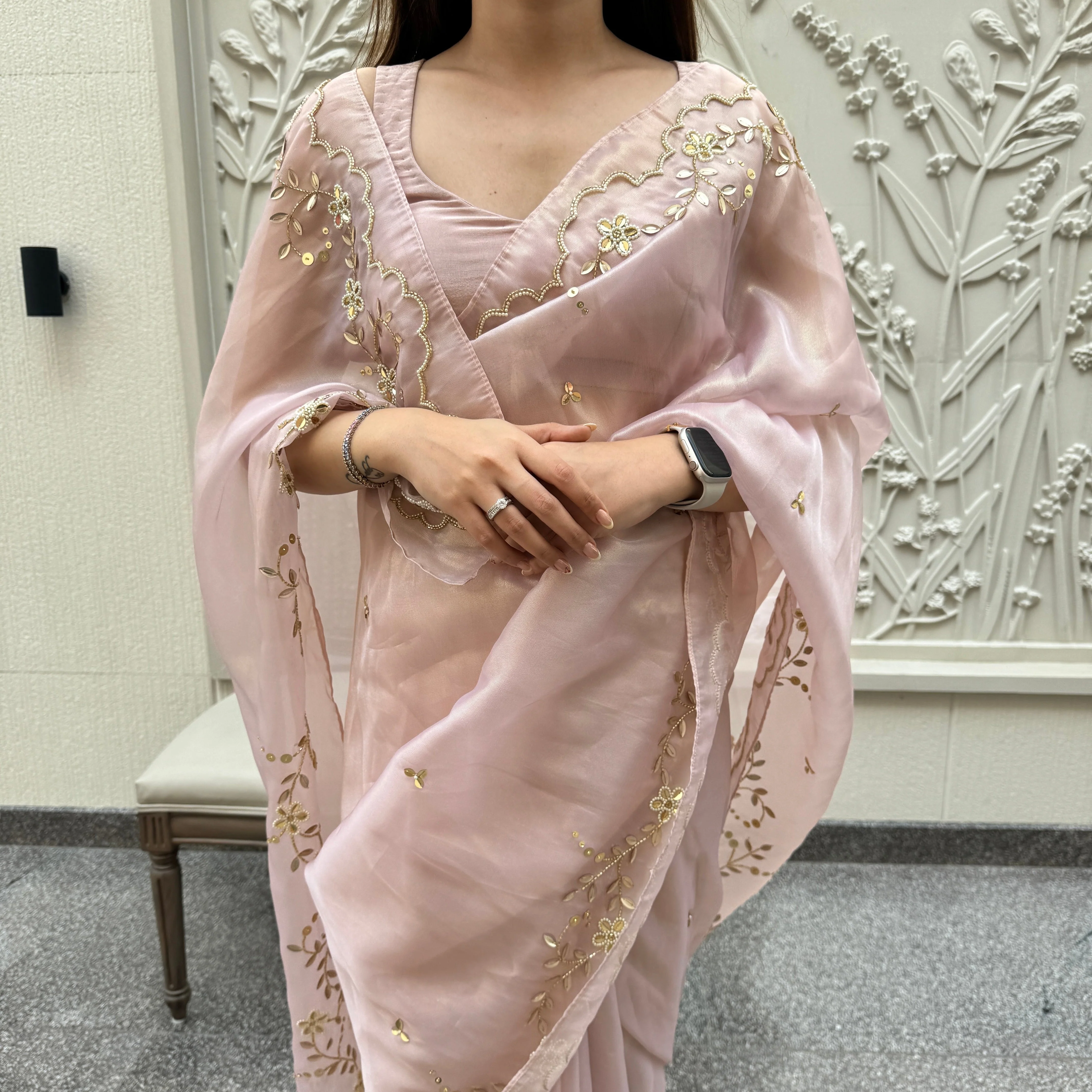 Baby Pink Shimmer Saree - Woolfily