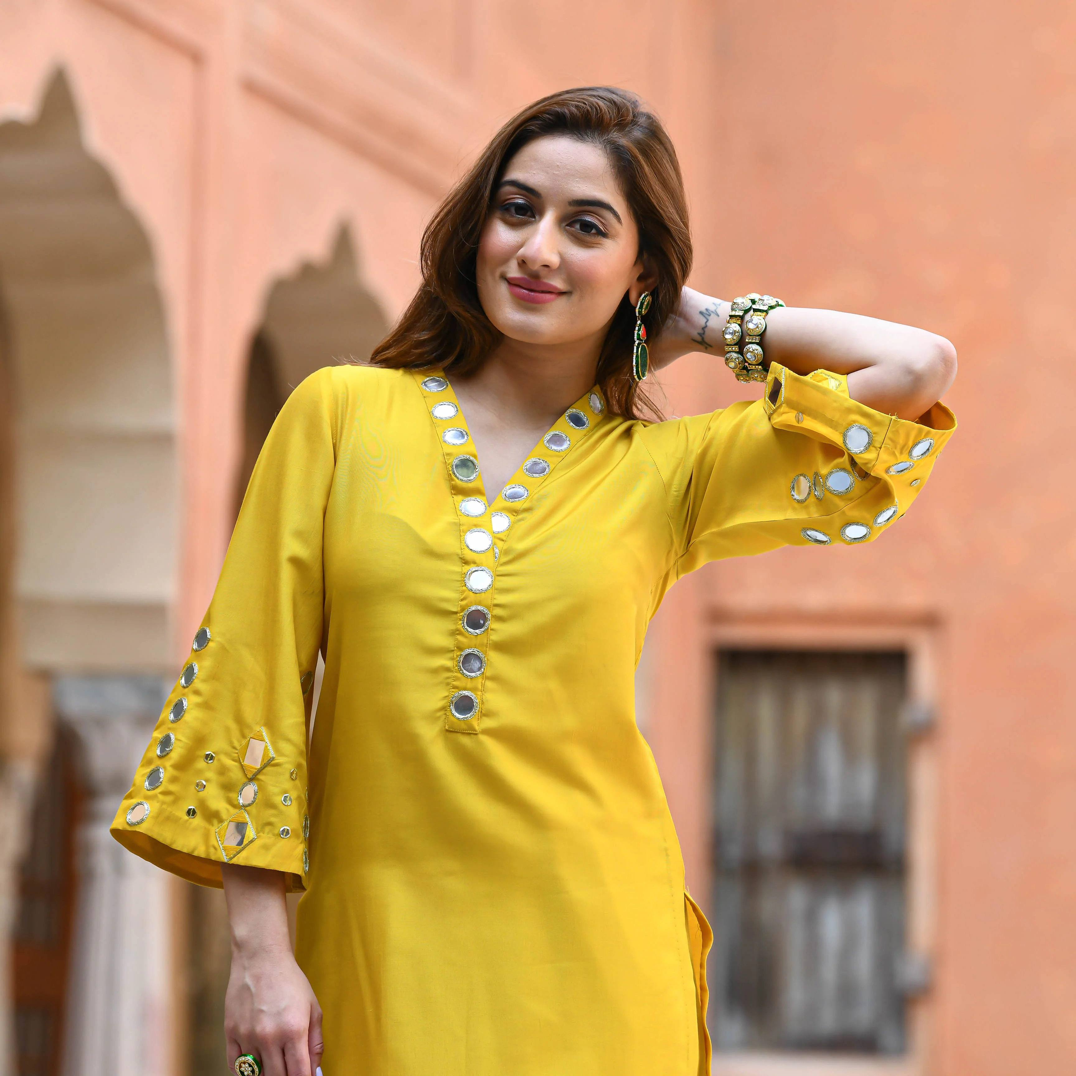 Bunaai Yellow Mirror Work Kurta Pants - Woolfily